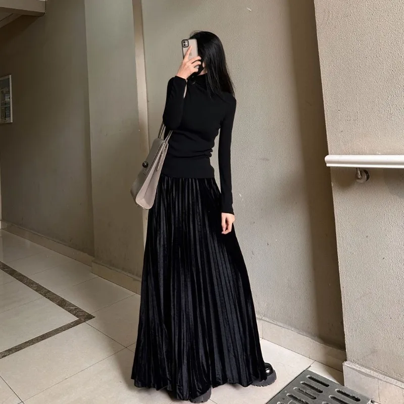 

Юбка-карандаш женская осенне-зимняя, больших размеров, бархатная, плиссированная, утепленная, с высокой талией, повседневная, минималистичная, удобная, универсальная, нишевая модель