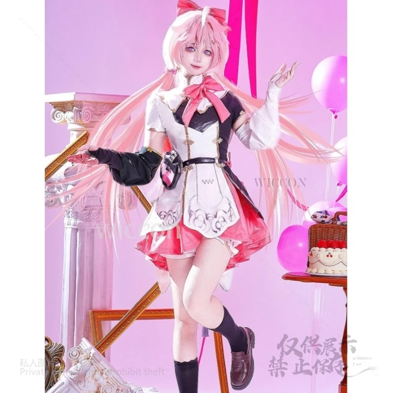 เกม Wuthering Waves Encore คอสเพลย์เครื่องแต่งกายชุดต่างหูเต็ม Kawaii ชุดวิกผมสีชมพูผู้หญิงปาร์ตี้ฮาโลวีน