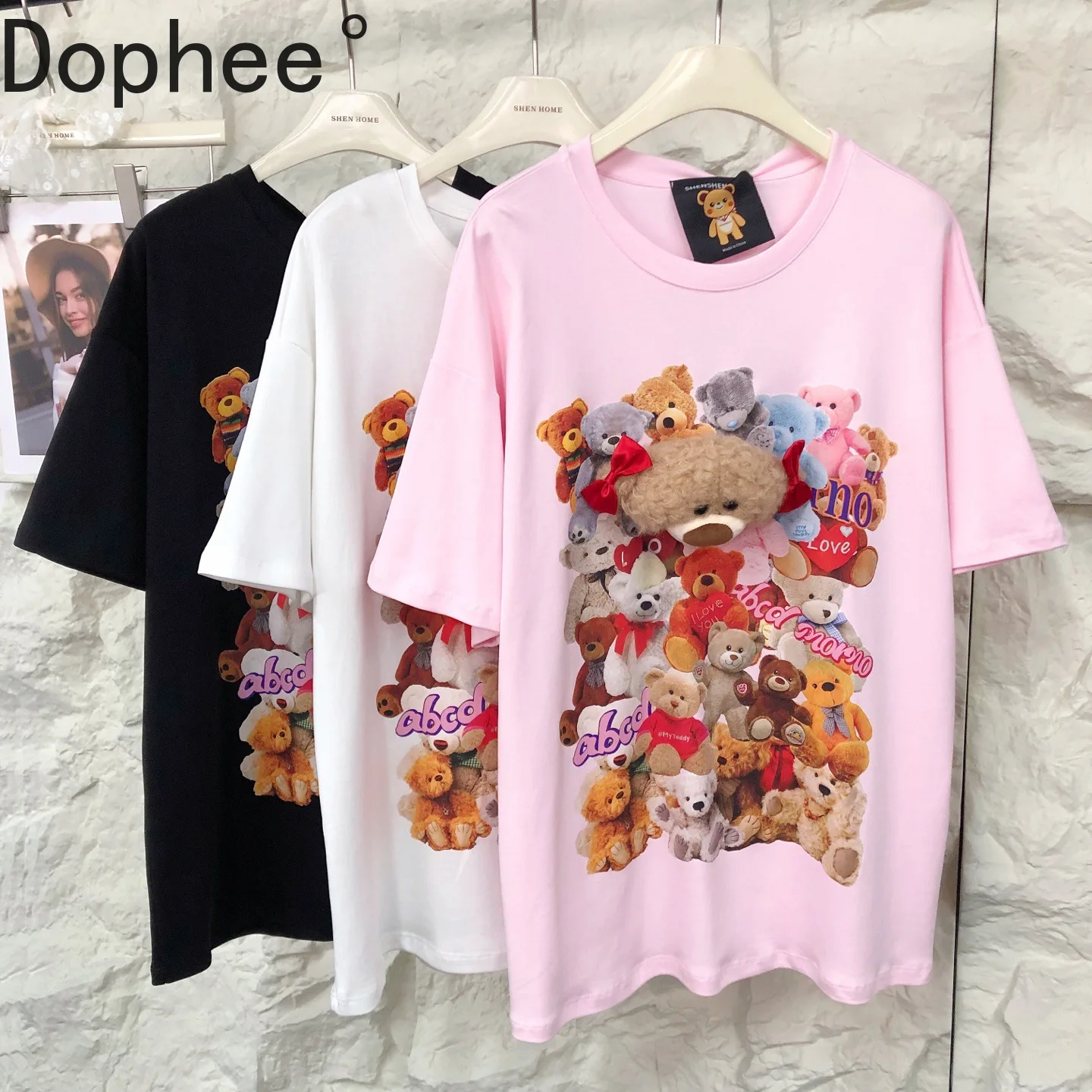 

Korea All-match Spring Summer Loose Women Short Sleeve Tees Cute Bears Printed O-neck Pullover Top Mid-long Casual Students Tees