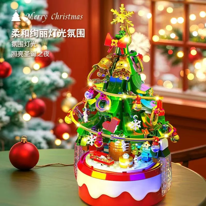 

Christmas Building Block Christmas Tree Rotating Music Box 10in1 Santa Claus Brick Light Ornaments Home Decor Party Gift Kid Toy