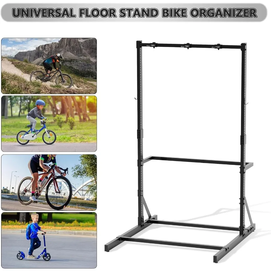 رف دراجة قائم بذاته لتخزين المرآب بسعة 300 رطل، منظم فولاذي عمودي للدراجة مع خطافات متكاملة وحامل خوذة #6