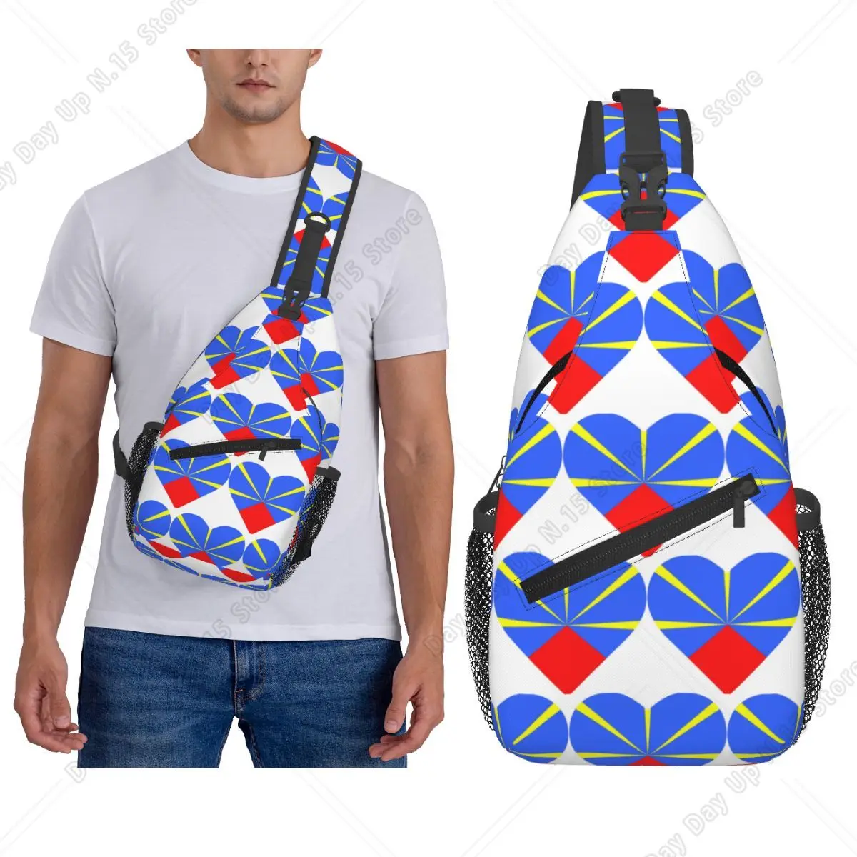 974 Reunion Island Flag Chest Bag Men Sling Crossbody Backpack Chest Bag Travel Hiking Daypack Shoulder Bag