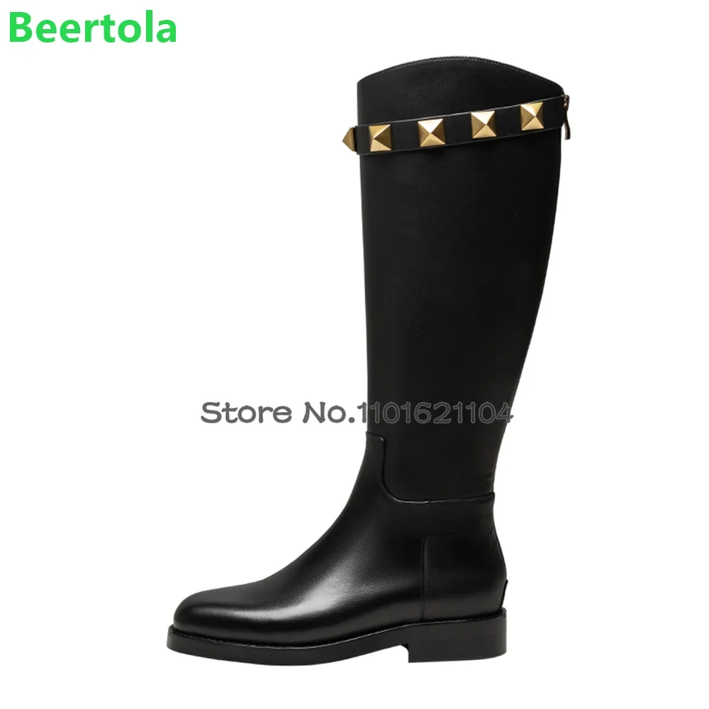 Black Rivet Long Luxury Boots For Female 2024 Leather Fabric Flat With Round Toe Back Zipper Fashion Elegant Winter Shoes