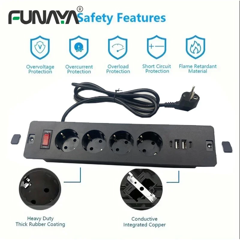 

Настольная встраиваемая розетка EU KR Встроенные настольные розетки для дивана с защитой от перегрузки Удлинительные розетки 2 USB Type-c