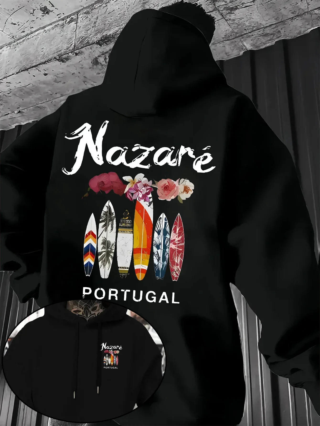 Beach Surf Nazare Portugal Hoodie Floral Surfboard Graphic Sweatshirt Unisex Vacation Retro Streetwear  Trendy Daily Tops