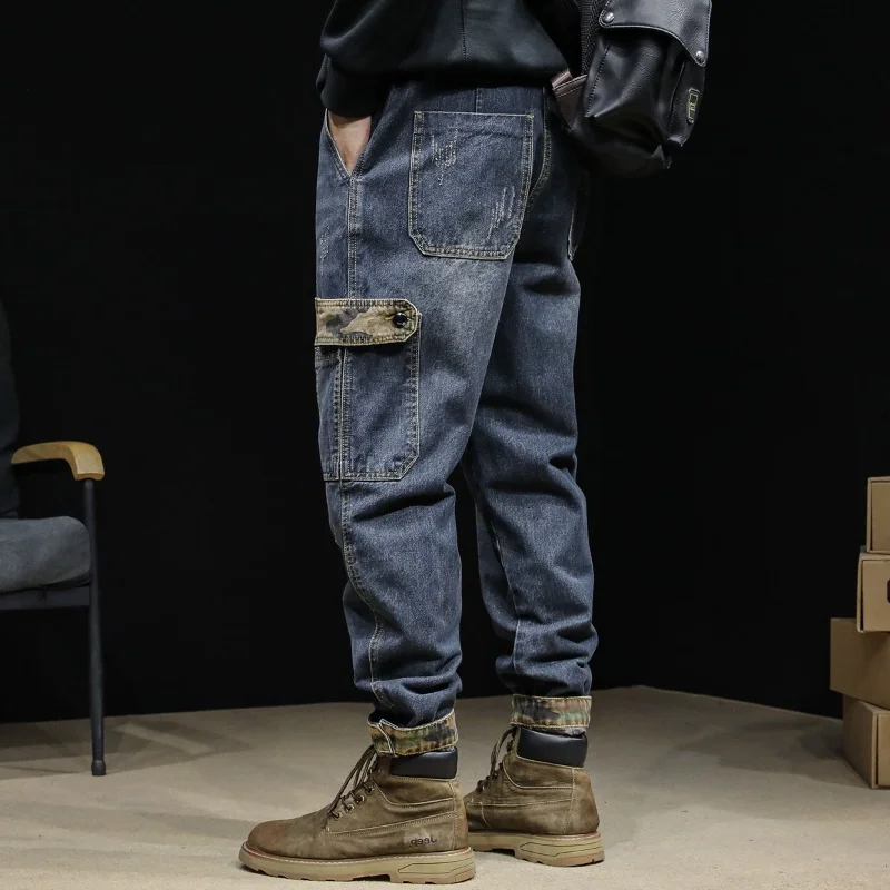 

New Spring Autumn Vintage Big Pocket Male Fashion Denim Work Wear Cargo Casual Korean Hip-hop Baggy Jeans Men Overalls Trousers
