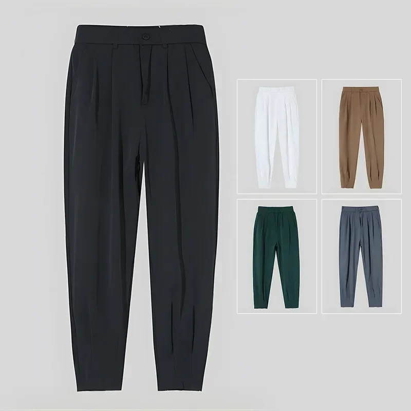 Summer Ice Silk Ultra-thin Men's Casual Suit Pants 2025 Fashion Zipper Beam Feet Street Harem  Ankle Length Trousers Black White