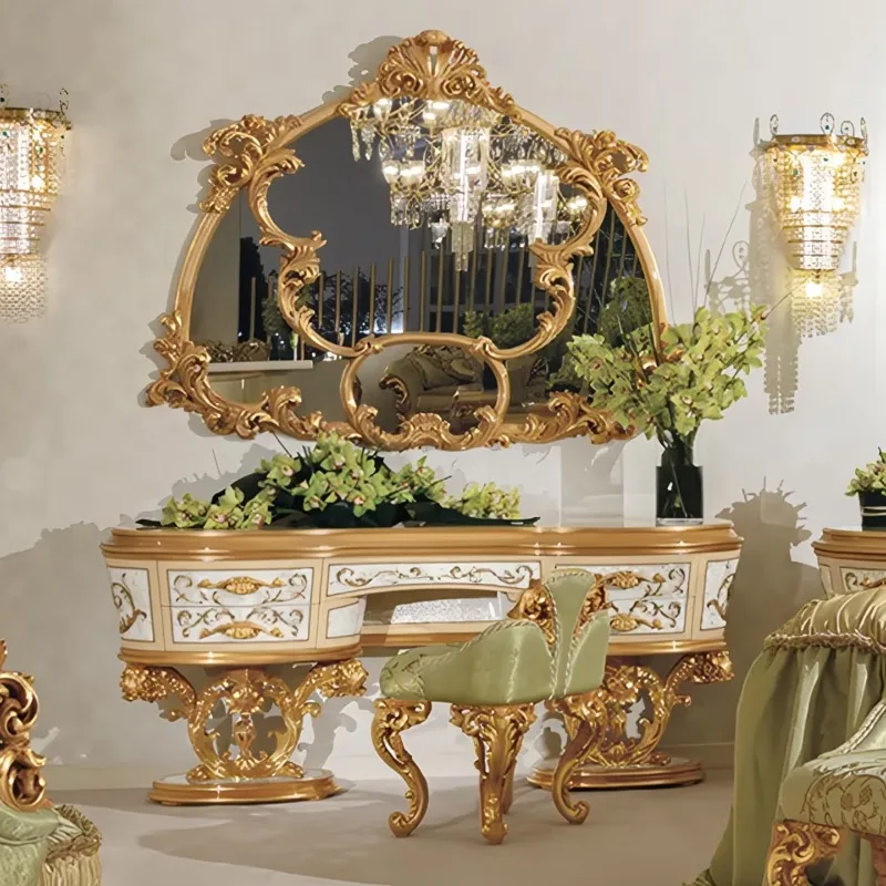 French Luxury Dresser Solid Wood Makeup Mirror European Villa Mansion Bedroom Furniture Dressing Stool, Dressing Table