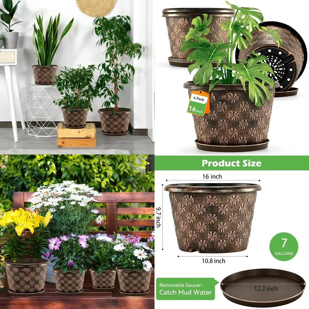 

16-дюймовые горшки или растения, пластиковые большие нижние горшки для использования в помещении и на открытом воздухе, 4-упаковка полимерного горшка для растений с дренажем и блюдцем, Retro De
