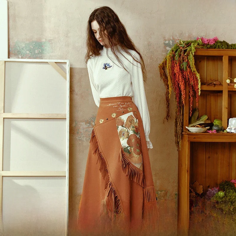 

Юбка-полусолнце А-силуэта с высокой талией, асимметричная, с вышивкой и бахромой, с принтом в стиле Ван Гога, из полиэстера, для повседневной носки