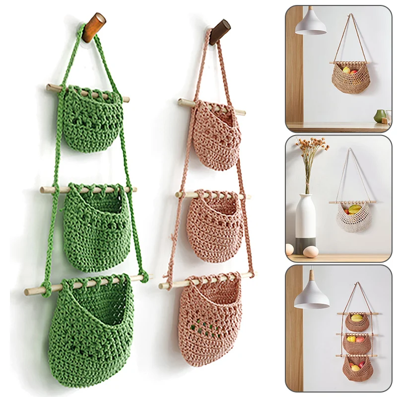 

3-layer Wall Storage Rack Hand Woven Cotton Rope Hanging Basket Wall-mounted Book Sundries Fruit Storage Bag Home Decoration