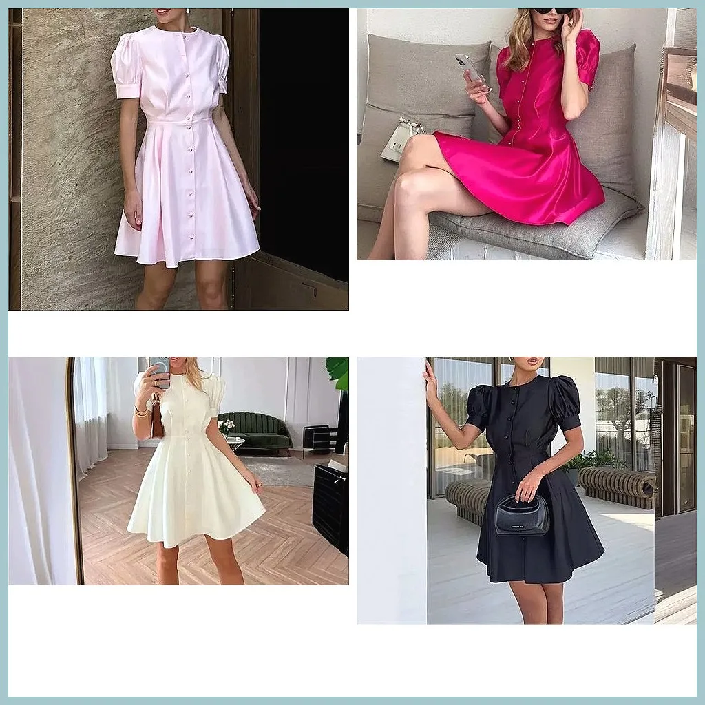 Abito Elegante da Donna in Raso a Linea A con Maniche a Sbuffo, Vita Plissettata e Bottoni con Perle
