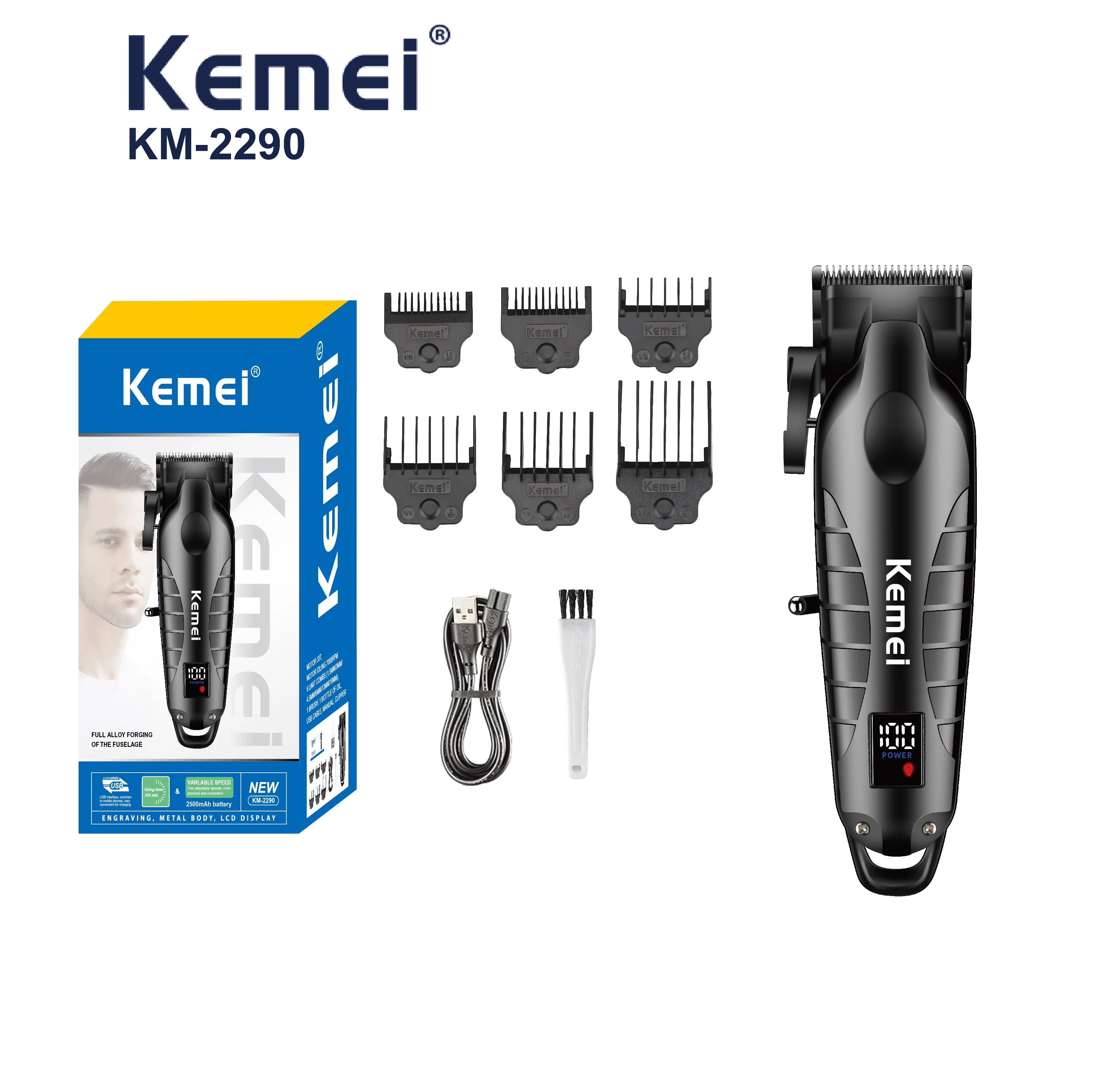 Kemei Professional Electric Clipper LCD Rechargeable Full Alloy Forging of The Fuselage Large Power Long Capacity KM-2290