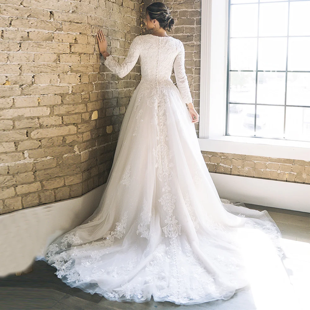 Robes de mariée A-ligne ivoire personnalisées, appliques en dentelle à col rond, entièrement drapées, robes de mariée en tulle plissé, 2025