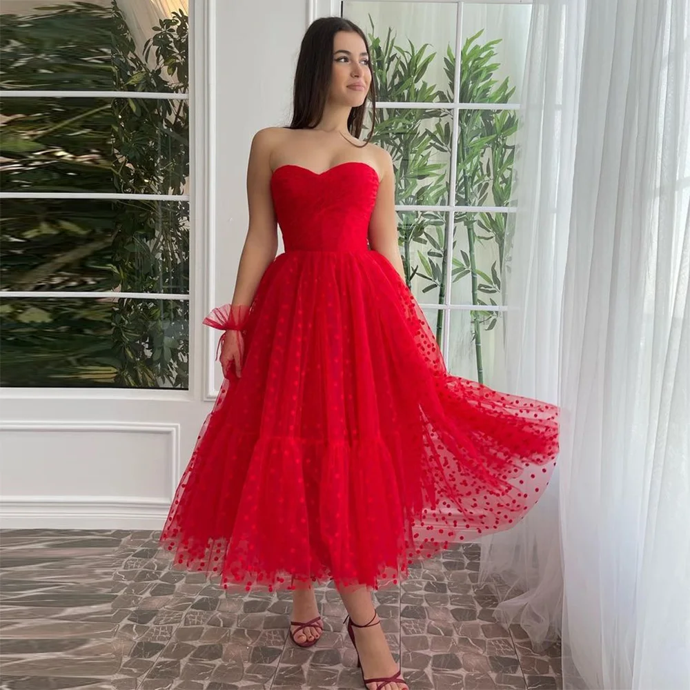 

Sevintage Red Dotted Tulle Prom Dresses Sweetheart Sleeveless A-Line Wedding Party Gowns Evening Dress