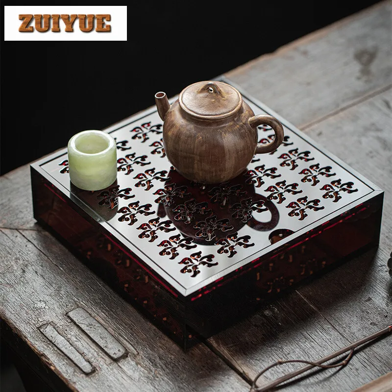 Acrylic Square Water Storage Tea Tray Household Pot Bearing Holder Antique Hollowing Dry Brew Table Tea Services Decoration