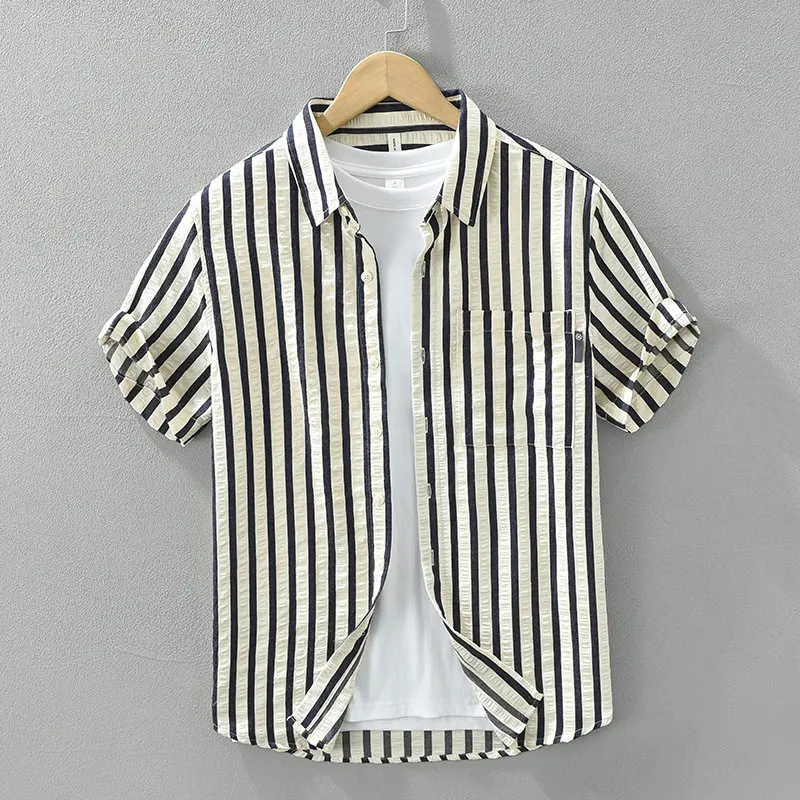 Summer Stripe Loose Fit Men's Shirt Casual Short Sleeve Business Casual CleanFit PU Leather Breathable Short Length Button up