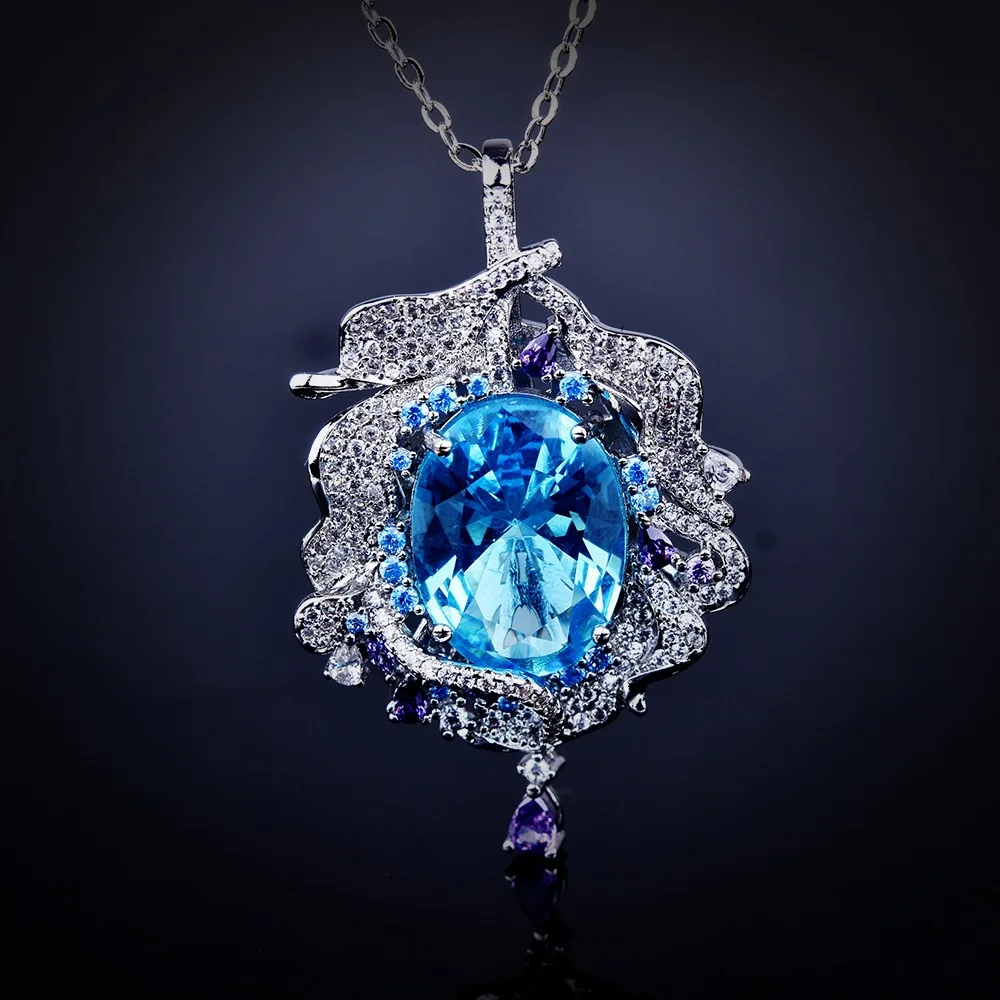 

2023 New Fashion Luxury Oval Large Carat Aquamarine Sea Blue CZ Stone Pendant Necklaces Female Elegant Wedding Accessories