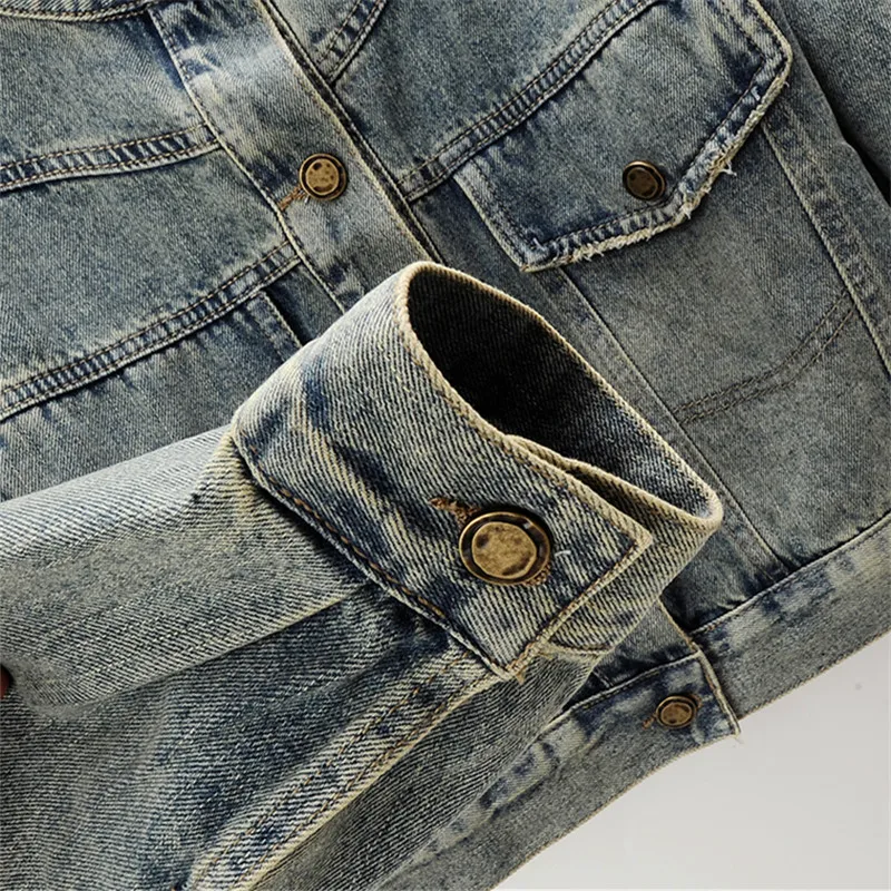 Vintage Blue Denim Jacket Women Cowboy Outwear Spring Autumn Slim Short Big Pocket Stand Collar Back Zipper Jeans Jacket Female