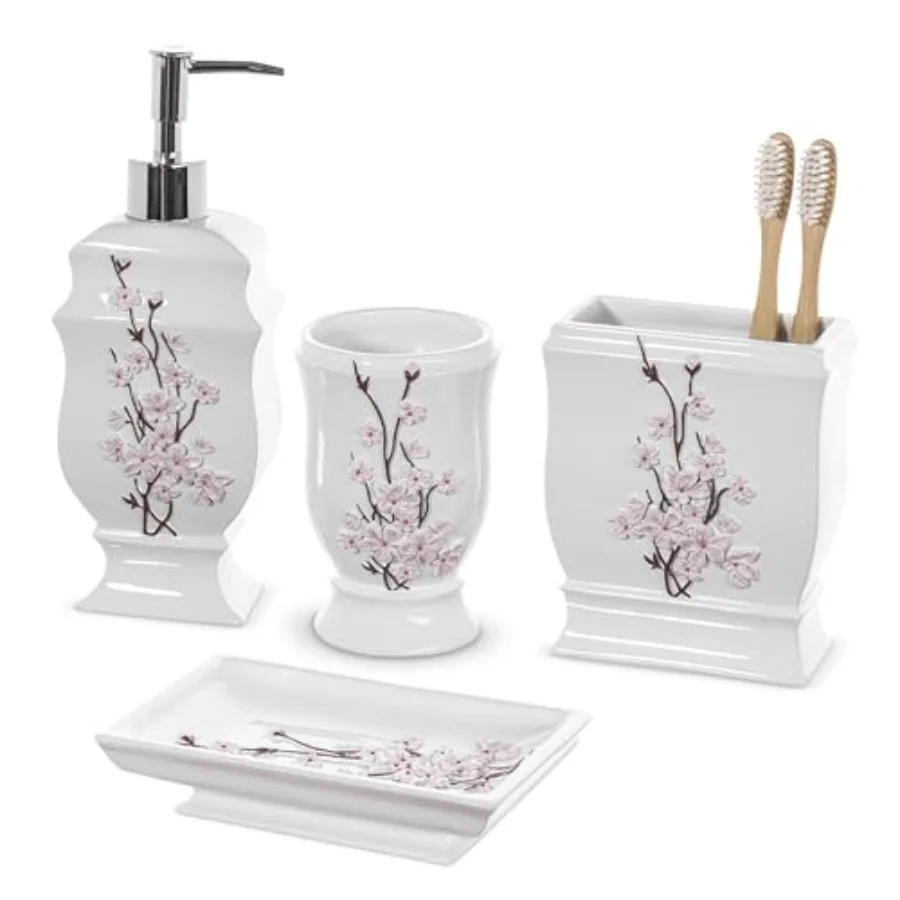 

Vanda Bathroom Set - Cherry Blossom White Bathroom Accessories Set - 4 Piece Floral Bathroom Soap Dispenser Set Includes: Lotio
