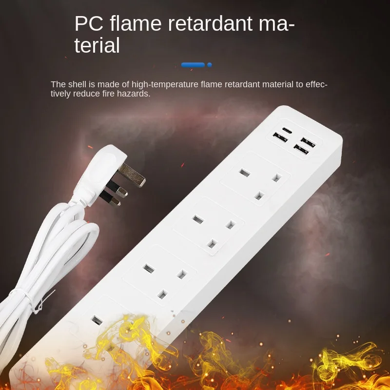 UK Power Strip Socket 4outlets with 3 USB 1 Type C 3.1A 2500W AC110 250V with Surge Protection Office Home Master White Sockets