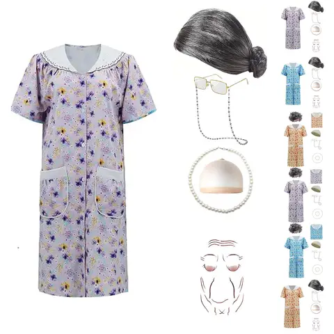 Women Back to School Season Grandma Costume Halloween DressUp Performance Outfit Elderly Lady Dress And Nightgown Set
