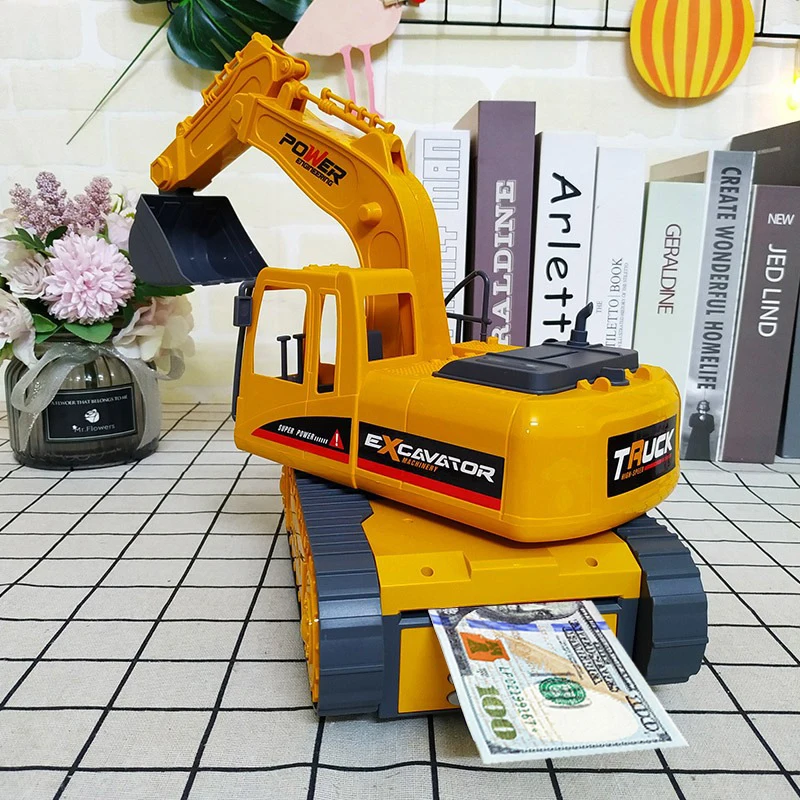

Children's Electric Excavator Car Password Piggy Bank Vehicle Roll Coins Money Bank, Music English Story Piggy Bank for Kids