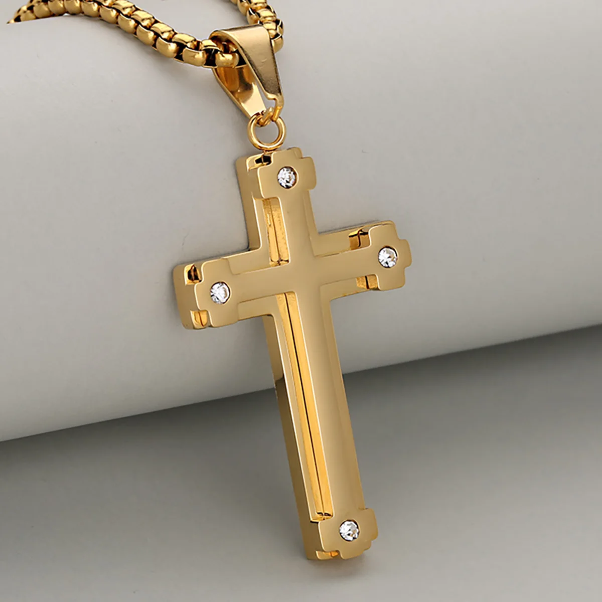

Light Luxury & Shiny Inlaid Diamond Double-Layer Stainless Steel Cross Pendant Necklace For Men And Women, Elegant & Versatile