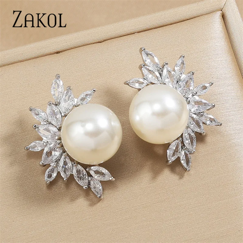 ZAKOL Korea Imitation Pearl Leaf Stud Earrings for Women Fashion White Marquise Zircon Earring Wedding Dinner Party Jewelry