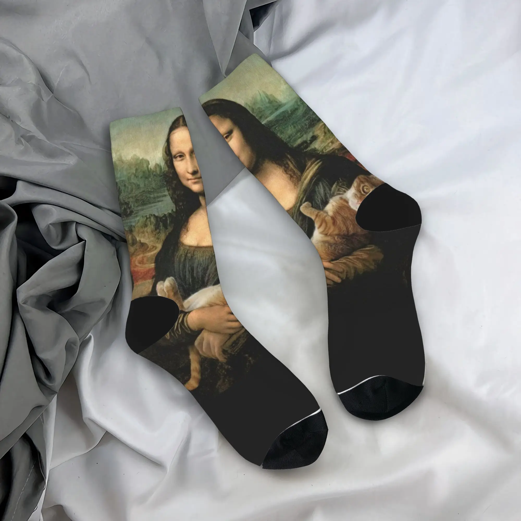 

Funny Kitten Mona Lisa Art Stockings Men's Socks Warm Soft Gothic Socks Winter Outdoor Anti Skid Graphic Socks Birthday Present