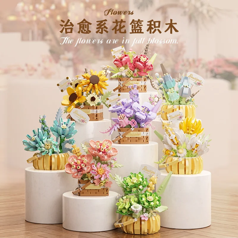 Flower Succulents Building Blocks Bag Eternal Basket Bonsai Garden Romantic Bricks DIY Potted Plants Model Kids Kit Toy For Girl