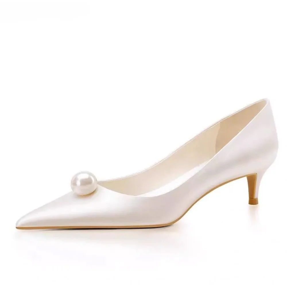 New White Satin Wedding Bride Shoes Pearl High Heels French Bridesmaid Shoes Fashion Pumps view 4