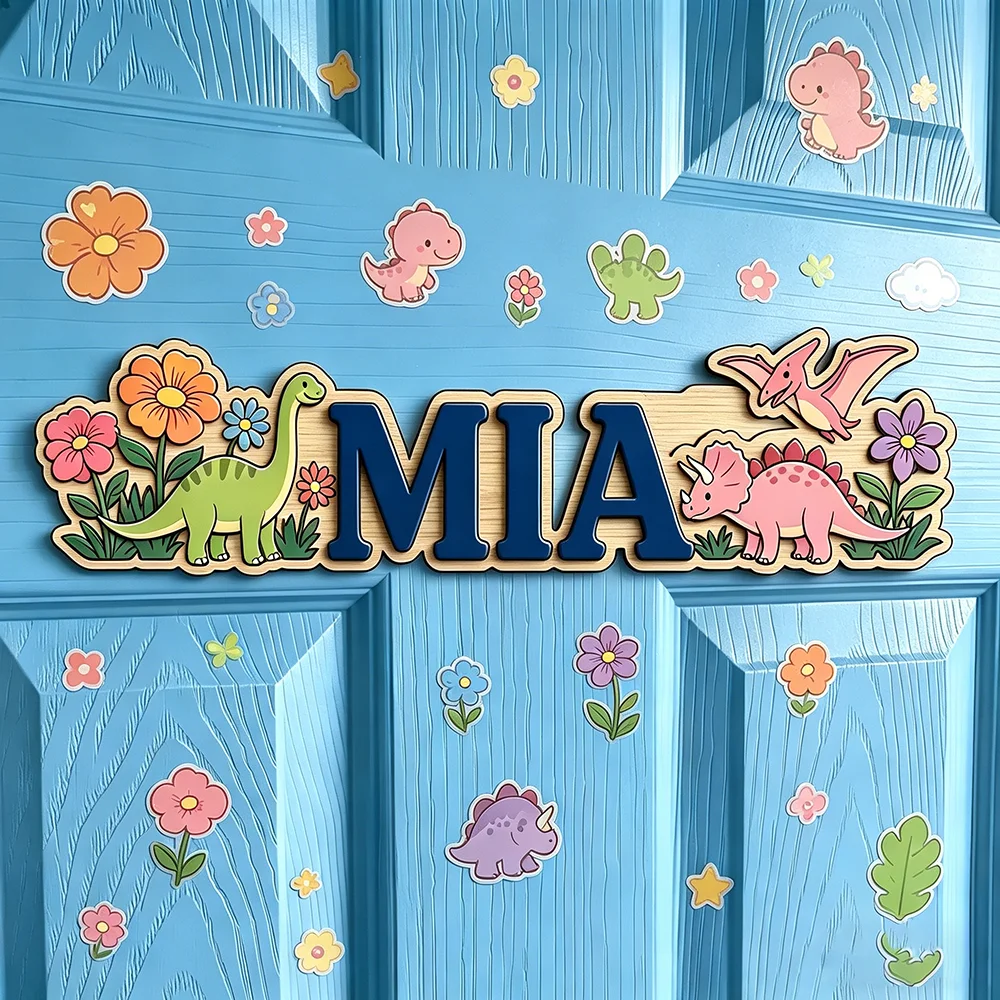 Whimsical Flower & Dinosaur Custom Name Plaque for The Dearest Baby, Neutral Unisex Nursery Wall Decor