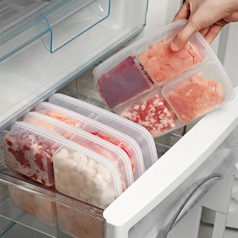 4 Grids Food Fruit Storage Box Portable Compartment Refrigerator Freezer Organizers Sub-Packed Meat Onion Ginger Clear Crisper