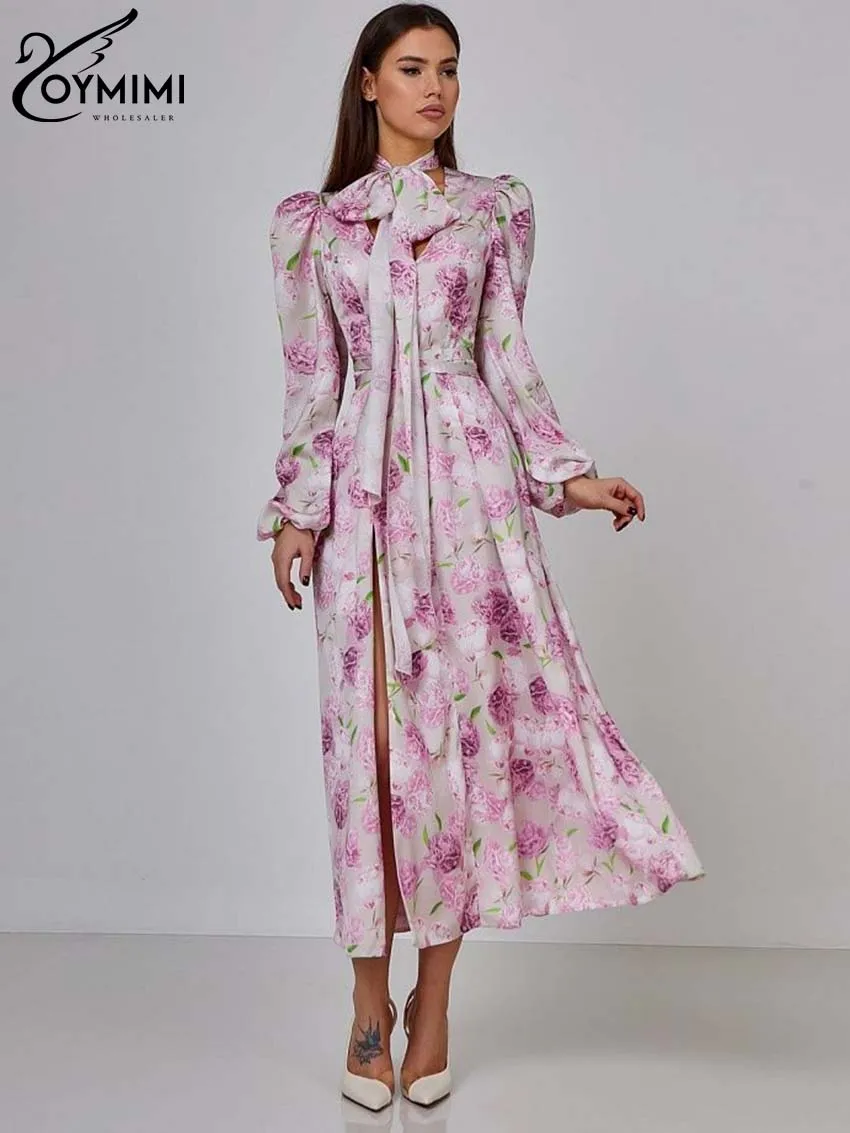 

Oymimi Fashion Pink Print Womens Dresses Elegant Lace-Up V-Neck Long Sleeve Dresses Spring New Button Side Slit Mid-Calf Dress