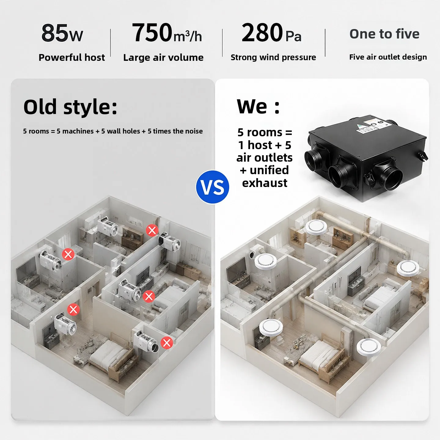 Inline Duct Fan 220V 6 Inch 2 Pipe Outlet Multi-Zone Kitchen Bathroom Ventilation Quiet Powerful DC Motor Black Metal OEM