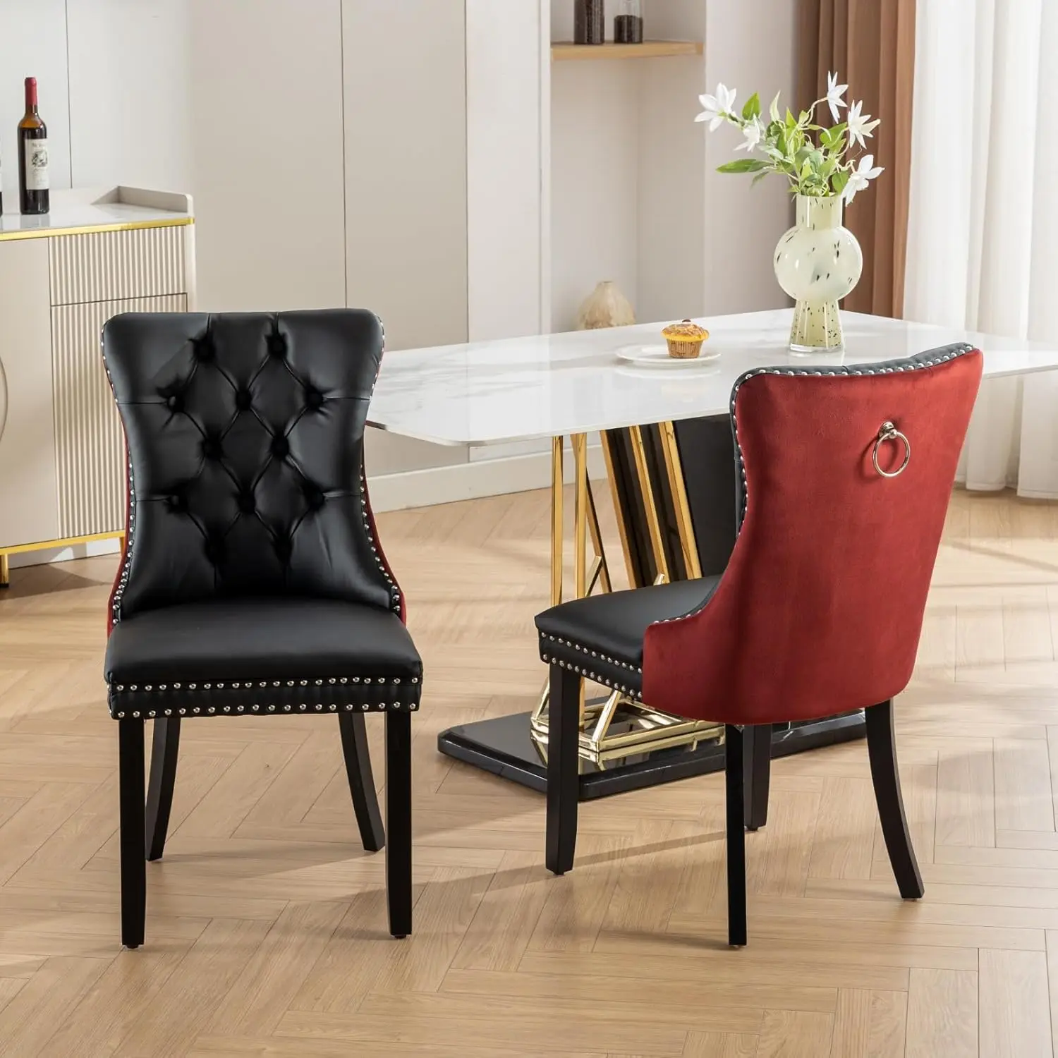 Ball & Cast Contemporary Tufted Upholstered Dining Chairs Set Of 2, Pu&Velvet Two Tone Padded Kitchen Chairs W/Nailhead