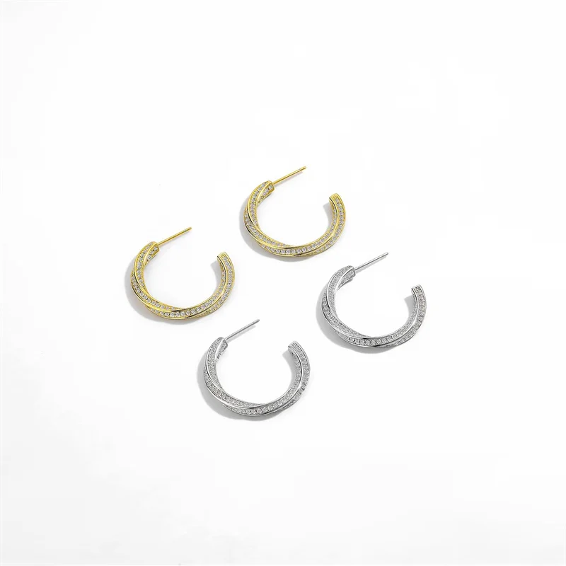 

C-Shaped Ear Studs with Twisted Design & Zircon Stone Inlay - Elegant and Stylish Earrings for Everyday Wear