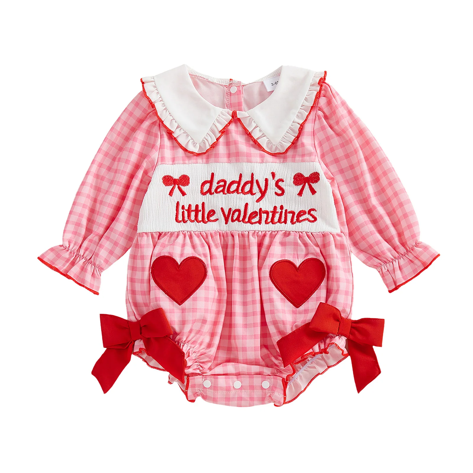 

Комбинезон на День Святого Валентина для маленьких девочек, клетчатый комбинезон с буквенным принтом и бантом, вышивкой, длинными рукавами, кукольным воротником