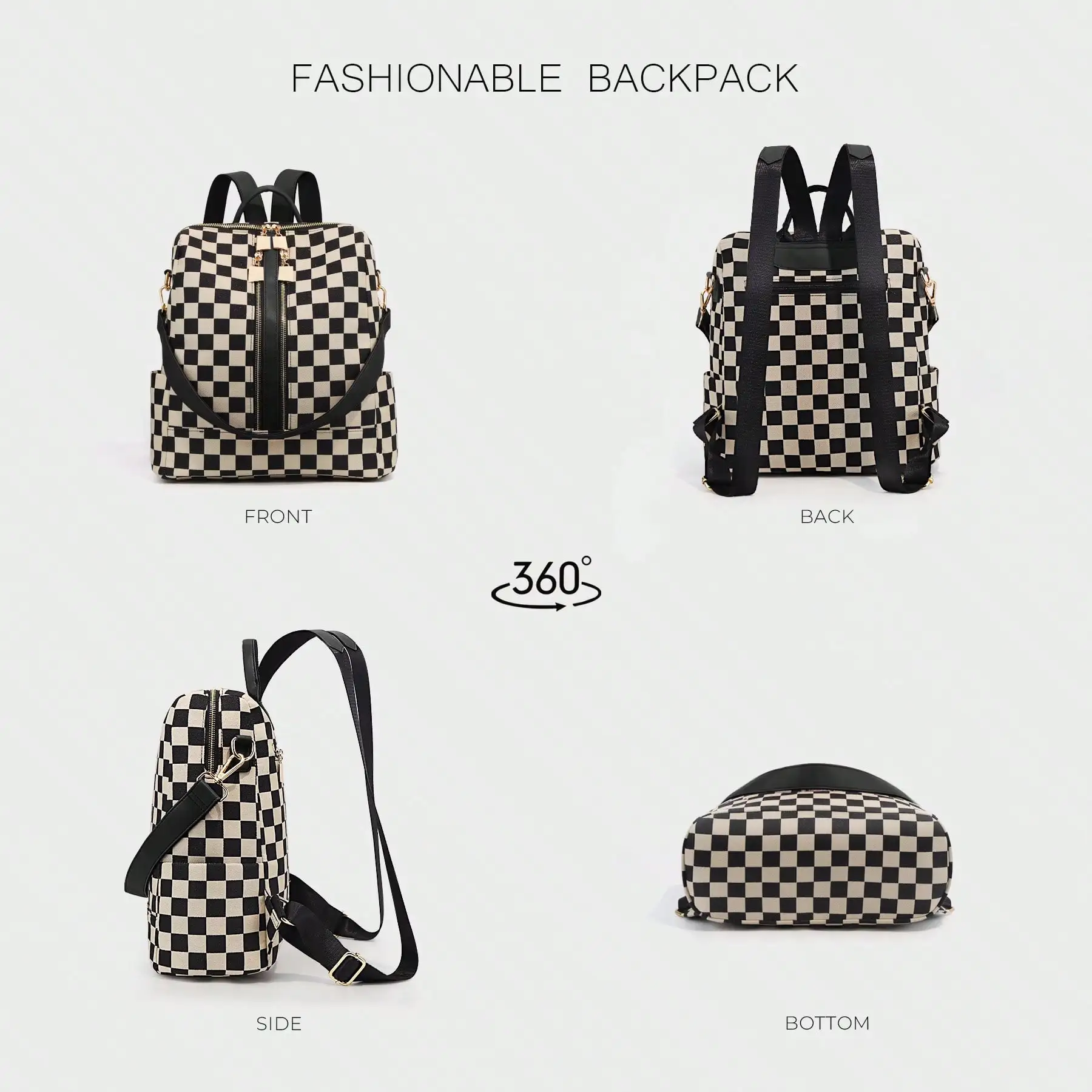 Checkerboard Pattern Backpack Set, Women'S Fashionable Vintage Casual Large Capacity Zipper Travel Backpack & Wristlet, Multifunctional Bag Set For Daily Use