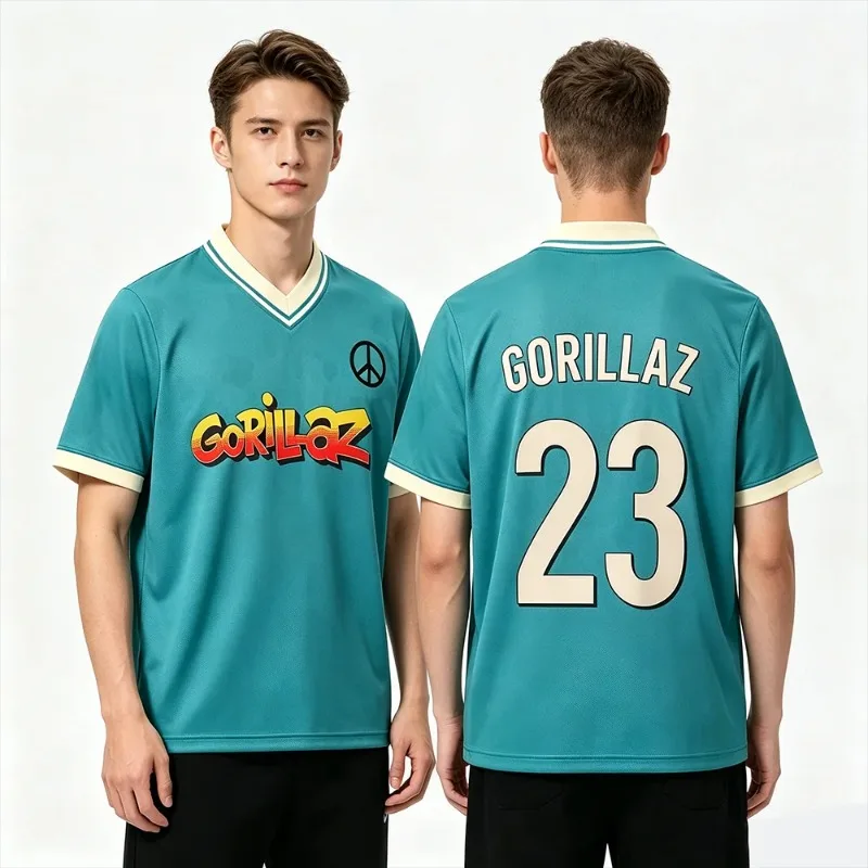 Gorillaz Inspired Soccer Jersey The Mountain Album 3D Print Mesh Tee Unisex Oversized V Neck Breathable Casual Short Sleeve Top