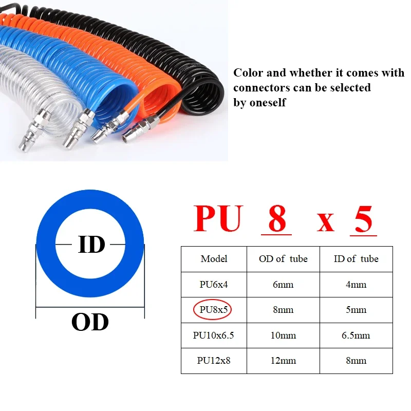 PU Air Compressor Hose 3M/6M/9M/12M/15M Polyurethane Pneumatic 6*4mm 8*5mm 10*6.5 12*8mm Telescopic Spring Spiral Pipe Tube Tool