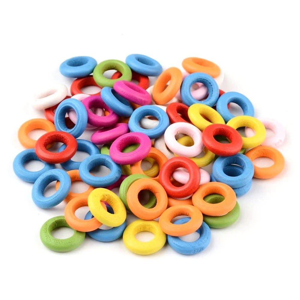 50Pcs Mixed Color Wood Rings ,Unfinished Wood Circles for Macrame Napkin Teething Toys Pendant Connectors Jewelry Making