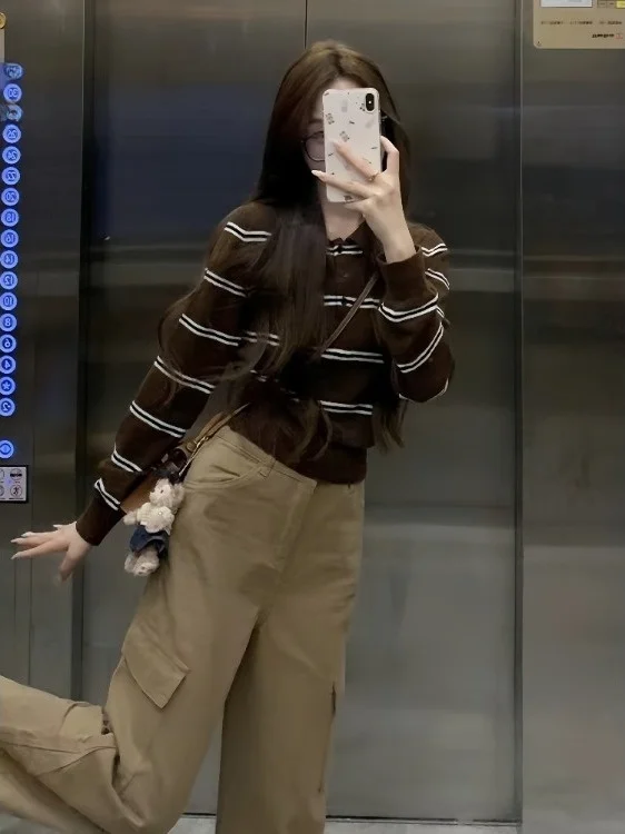 

Корейский полосатый длинный вязаный свитер светя, женский ранний осенний повседневный универсальный утягивающий топ небольшого размера