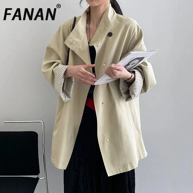 FANAN Women's Blue Short Trench Coat Korean Style Oversized Casual Stand Collar Overcoat Striped Color Blocking Jacket