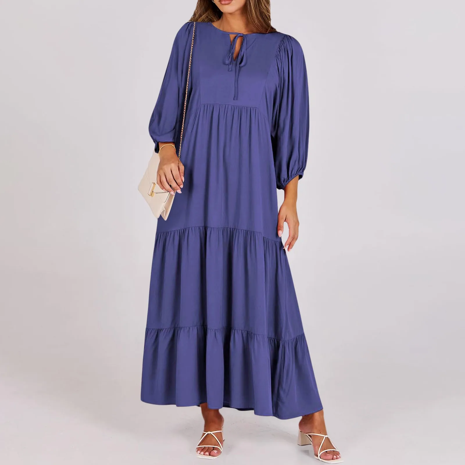 

Hollow Out Lace Up Elegant Long Dress Women Round Neck Loose Casual Dresses Seven Quarter Sleeve Solid Color Pleated Dress