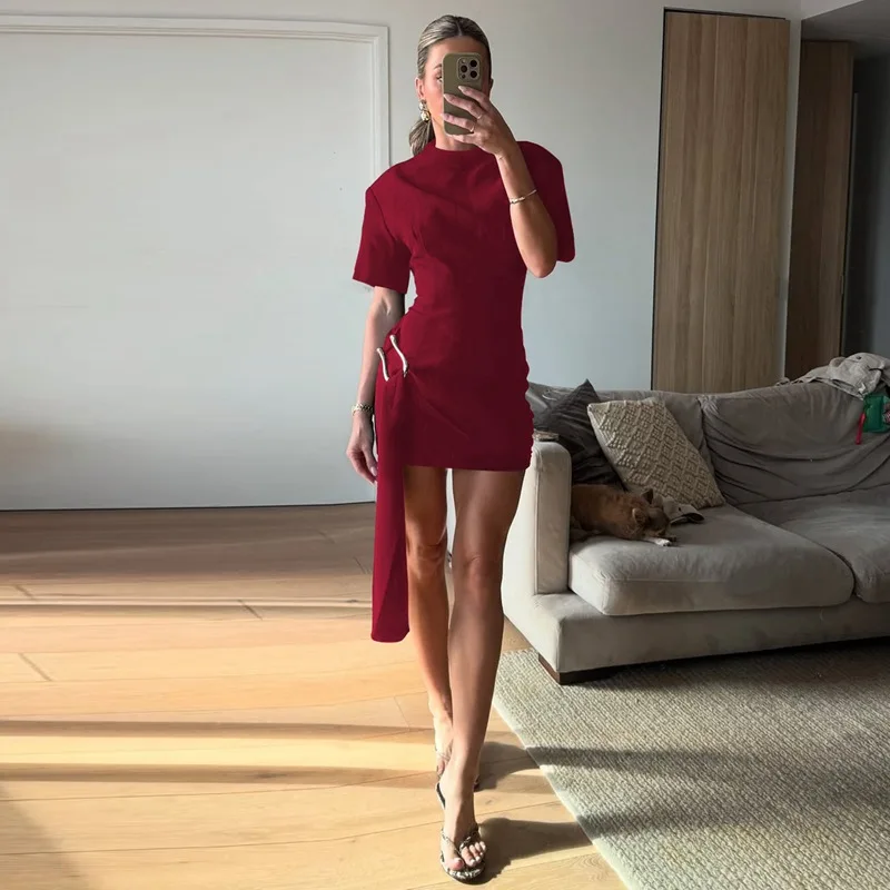 YUZHEXI métal bouton ruban drapé t-shirt robe femmes à manches courtes noir bordeaux mode rue droite courte robe