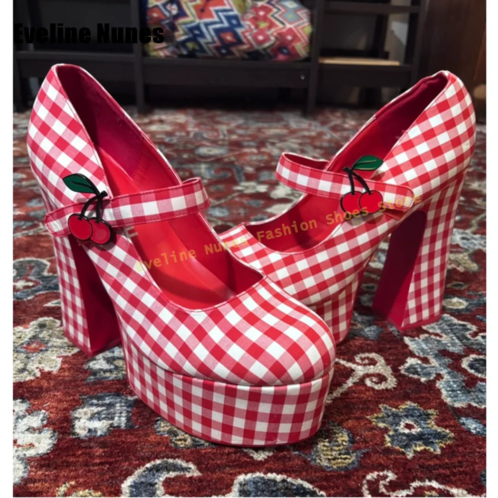 

Red White Gingham Cherry Mary Jane Shoes Round Toe Block Heels Platform Shoes Sweet Y2K Party Fashion Sandals 2026 Summer Trend