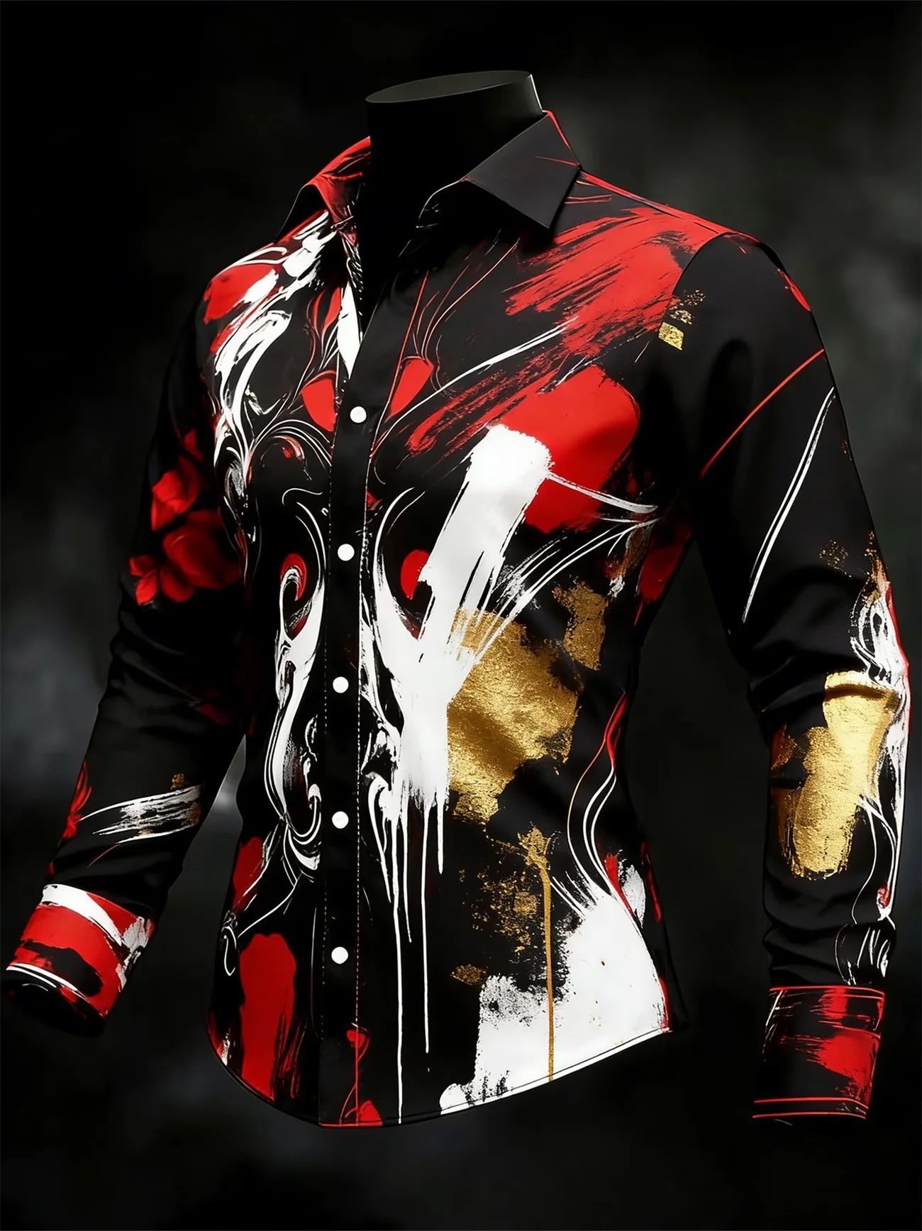 

New gold satin Baroque patterned men's long sleeved shirt, light luxury retro style business casual floral shirt