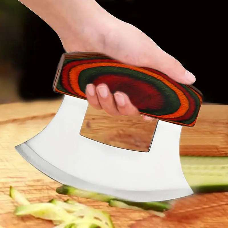 Aço inoxidável Alaskan Ulu cortador com suporte de madeira, Rocker Slicer, ergonômico Anti-Slip Handle, Mezzaluna cortador, aperto de madeira